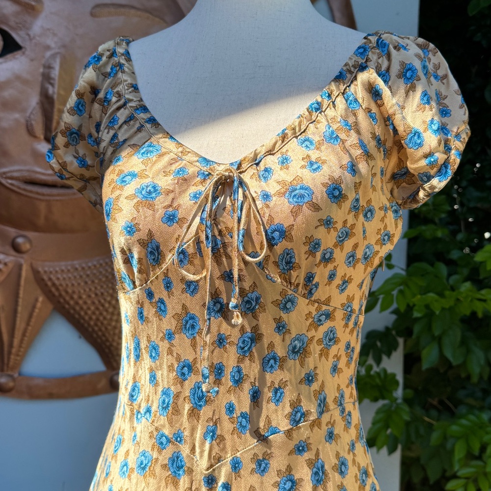 SOLD Vintage Betsey Johnson Satin Rose Print Milkmaid Midi Dress - Picture 12 of 12